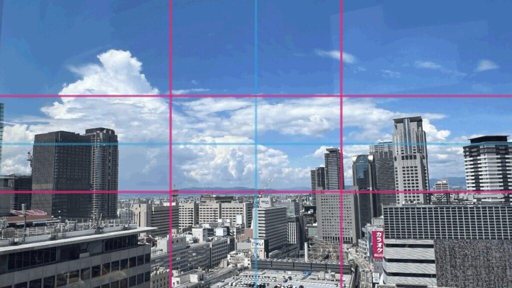 三分割構図の撮影例（線分割を利用するパターン、グリッド線あり）