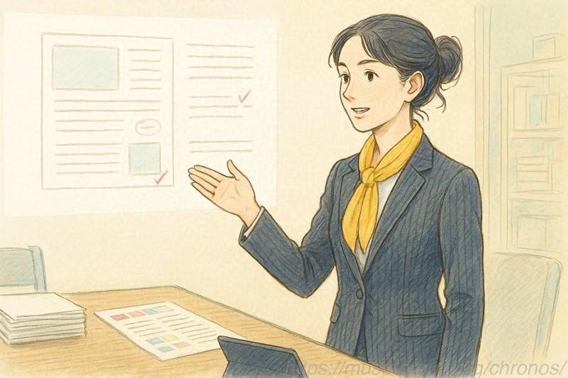 クライアントにプレゼンをする女性デザイナーのイラスト
ChatGPTによる生成画像
以下、生成プロンプト
女性デザイナーがクライアント会社とのプレゼン会議に臨む様子を、スケッチ風のイラストで生成してください。
画像は縦長で、キャラクターの全身を向かって右側に映します。
このイラストはクライアントの視点から見ている一人称の構図で描かれます。場所は小さな印刷会社のオフィスにある会議室の室内です。
キャラクターは日本人女性で、髪は緩くウェーブがかった黒髪。長い髪をシニヨンでまとめており、全体的に清潔感のある装いをしています。キャラクターの体は少し斜めを向き、顔はこちらへ向きます。膝下くらいまでが画面内に映っています。キャラクターは真剣な眼差しでプロジェクターから投影された画面を差し示しつつも、クライアントを安心させるような眼差しと微笑みを交えて、自信を持って話しています。画像の左側には机と椅子があるのが見え、机上には積み上がった紙の束・校正刷りらしき印刷物・色見本らしきカラーチップなどがあり、1つのタブレット端末がスタンドに立てかけて置いてあります。
キャラクターは、自分の誕生日である6月10日の「誕生色占い」を取り入れたファッションコーディネートをしています。誕生日占いの内容は以下の通りです。
誕生日色:ゴールデン・ナゲット(Golden Nugget)
キーフレーズ:一心に集中できる才気に満ちた成功者
占いの内容:生まれながらにして成功を約束されたあなたは、注目を浴びることを好むタイプ。てきばきと有能で手際が良いため、何かに取り組むときに他人の許可を待つのが少々じれったく感じられることも。活発な知性を備え、いつも頭をフル回転させているあなた。ときには身体を動かしてみることが、幸せを呼ぶ秘訣です。
色のもたらすパワー:あなたの光り輝く魂をさらに照らしてくれるゴールデン・ナゲット。この色を身につけたり、色彩を静かに心に思い浮かべたり、身の回りに取り入れてみてください。この色はあなたの感情のバランスを保ち、気分を安定させてくれるでしょう。
キャラクターは全身に渡ってゴールデン・ナゲットカラーで統一するのではなく、スカートやスカーフ・アクセサリーなどファッションの一部に取り入れる程度に留めており、その色合いもパステルカラーやくすみカラーを使ったさり気ない印象になるようにしています。
------------------------------
画像の比率を横長にして、クローズアップしてください。
------------------------------
キャラクターのジャケット上下は濃いグレーストライプにして、黄色の要素をもう少し控えめにしたいです。他の服装で黄色いスカーフを引き立てるようなコーディネートです。また、画像の全体的な色味を少し鮮やかにします。キャラクター以外にも全体に薄く彩色をし、プロジェクターの内容は印刷物の校正刷りを思わせる画像を写してください。そこに赤文字や囲いで修正箇所らしきものが書き込まれています。