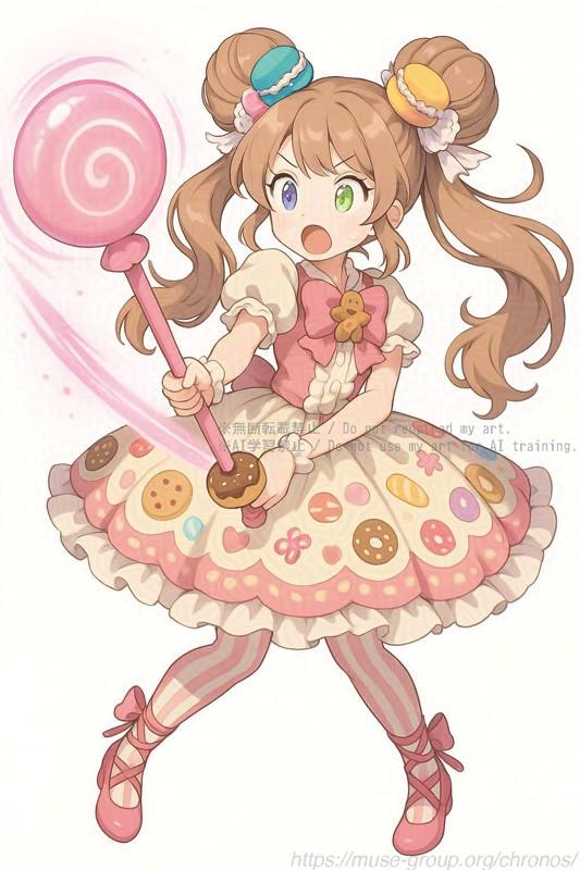 ChatGPTによる生成画像
（＋瞳の色調補正）パターンA
架空の魔法少女アニメをイメージした、少女のキャラクターイラスト

※以下、ベースとなったプロンプト

---

4th Girl (Gretel motif): Cute candy-themed pink dress with lots of frills. Her voluminous pink hair is styled in donut buns with long curled twin tails, adorned with candy decorations. Red frilled headband. Pink striped thigh-high socks, round pink strap shoes. One magenta and one emerald eye, both sparkling. Holds a large magical lollipop staff that can transform into a spear. She has a cheerful, heartfelt smile.

Pink-haired girl (age 14, soft and sweet):
Puffy twin buns with curled twin tails, both buns larger and neater with no stray hairs.
Holding a glowing pink magical staff with both hands at the center, RPG-style. Staff is in front of white-haired girl's shield to clarify depth.
Wearing her original one-piece dress, now with a larger frilly white ribbon in her hair.
Eyes: heterochromatic (one pink, one original), with sparkly highlights like the blonde girl's eyes.
Legs extended forward together with hips pulled back slightly.
Wearing pink ribboned pumps and white tights with pale pink vertical stripes.