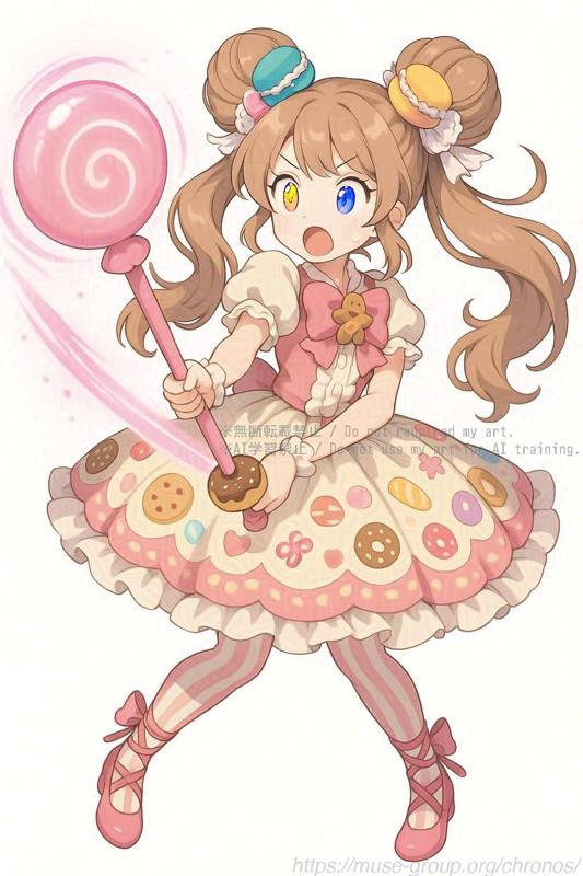 ChatGPTによる生成画像
（＋瞳の色調補正）パターンB
架空の魔法少女アニメをイメージした、少女のキャラクターイラスト

※以下、ベースとなったプロンプト

---

4th Girl (Gretel motif): Cute candy-themed pink dress with lots of frills. Her voluminous pink hair is styled in donut buns with long curled twin tails, adorned with candy decorations. Red frilled headband. Pink striped thigh-high socks, round pink strap shoes. One magenta and one emerald eye, both sparkling. Holds a large magical lollipop staff that can transform into a spear. She has a cheerful, heartfelt smile.

Pink-haired girl (age 14, soft and sweet):
Puffy twin buns with curled twin tails, both buns larger and neater with no stray hairs.
Holding a glowing pink magical staff with both hands at the center, RPG-style. Staff is in front of white-haired girl's shield to clarify depth.
Wearing her original one-piece dress, now with a larger frilly white ribbon in her hair.
Eyes: heterochromatic (one pink, one original), with sparkly highlights like the blonde girl's eyes.
Legs extended forward together with hips pulled back slightly.
Wearing pink ribboned pumps and white tights with pale pink vertical stripes.