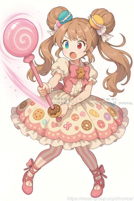 ChatGPTによる生成画像
（＋瞳の色調補正）パターンD
架空の魔法少女アニメをイメージした、少女のキャラクターイラスト

※以下、ベースとなったプロンプト

---

4th Girl (Gretel motif): Cute candy-themed pink dress with lots of frills. Her voluminous pink hair is styled in donut buns with long curled twin tails, adorned with candy decorations. Red frilled headband. Pink striped thigh-high socks, round pink strap shoes. One magenta and one emerald eye, both sparkling. Holds a large magical lollipop staff that can transform into a spear. She has a cheerful, heartfelt smile.

Pink-haired girl (age 14, soft and sweet):
Puffy twin buns with curled twin tails, both buns larger and neater with no stray hairs.
Holding a glowing pink magical staff with both hands at the center, RPG-style. Staff is in front of white-haired girl's shield to clarify depth.
Wearing her original one-piece dress, now with a larger frilly white ribbon in her hair.
Eyes: heterochromatic (one pink, one original), with sparkly highlights like the blonde girl's eyes.
Legs extended forward together with hips pulled back slightly.
Wearing pink ribboned pumps and white tights with pale pink vertical stripes.
