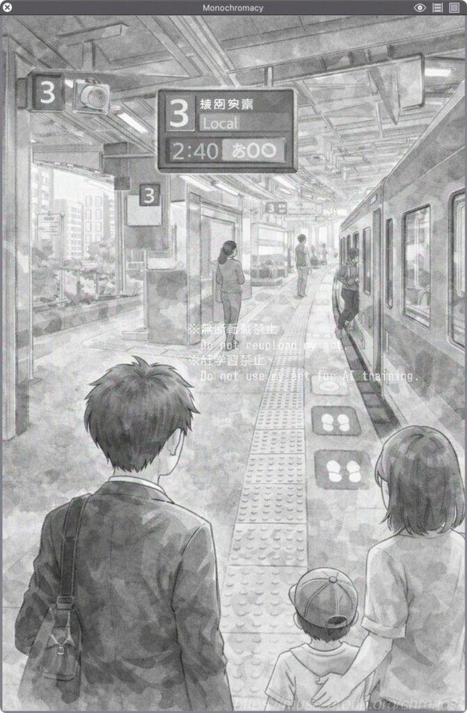 イラスト：ChatGPTによる
全色盲（A型）の色覚シミュレーション／『Sim Deltonism』による再現