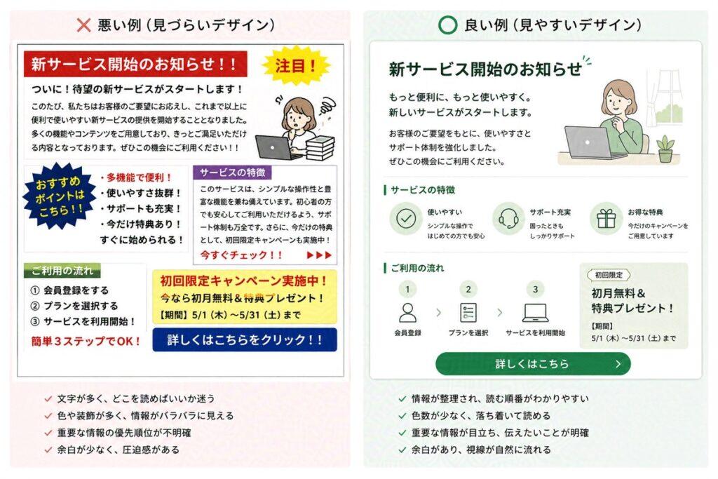 見やすいデザインと見づらいデザイン
※ChatGPTによる生成

広告レイアウトデザイン（チラシ）の、良い例と悪い例を生成させたもの。画像右半分が良い例・左半分が悪い例。それぞれの例の下には、それぞれのデザインのポイントが記載されている。