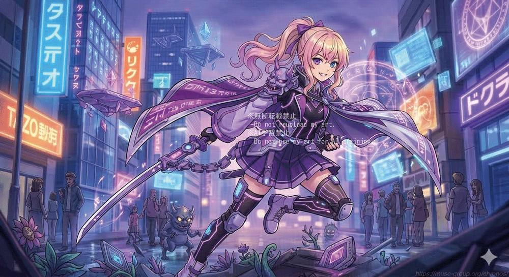 ＜Geminiによる生成＞
以下は元となった生成画像の生成プロンプトです。

架空RPGゲームの女主人公キャラのイメージイラスト（キャラデザイン）を描いてください。
世界観は現代日本にファンタジー世界のキャラクターが混じり込むような、SFみがある感じです。
人物キャラクターのイメージカラーはパープル、髪型は緩いウェーブのかかったサイドテール、髪色は薄いピンクとブロンドのグラデーション。瞳の色はキャラクターのイメージに合わせてお任せします。オッドアイでも構いません。
人物キャラクターのジョブは素早さを活かすタイプの剣士、武器は剣か刀のどちらか。膝上丈のスカートを履いており、コスチュームのどこかにアシンメトリーな要素を加えてください（マントやサイハイソックスなど）。
人物キャラクターの身長・体格・年齢は、日本の高校生くらいを目安にします。どんな性格かはあなたにお任せします。
人物イラストのタッチはアニメ調で、背景イラストのタッチは人物に注目が集まるように、柔らかい線と色調に調整します。必ず、キャラクターの全身が画面内に収まるように描きます。
背景の景色は、世界観や人物のキャラクター性が分かりやすいようなロケーションを選んでください。
キャラクターのポーズも、世界観やキャラクター性が分かりやすい、躍動感のあるポーズとアングルにしてください。