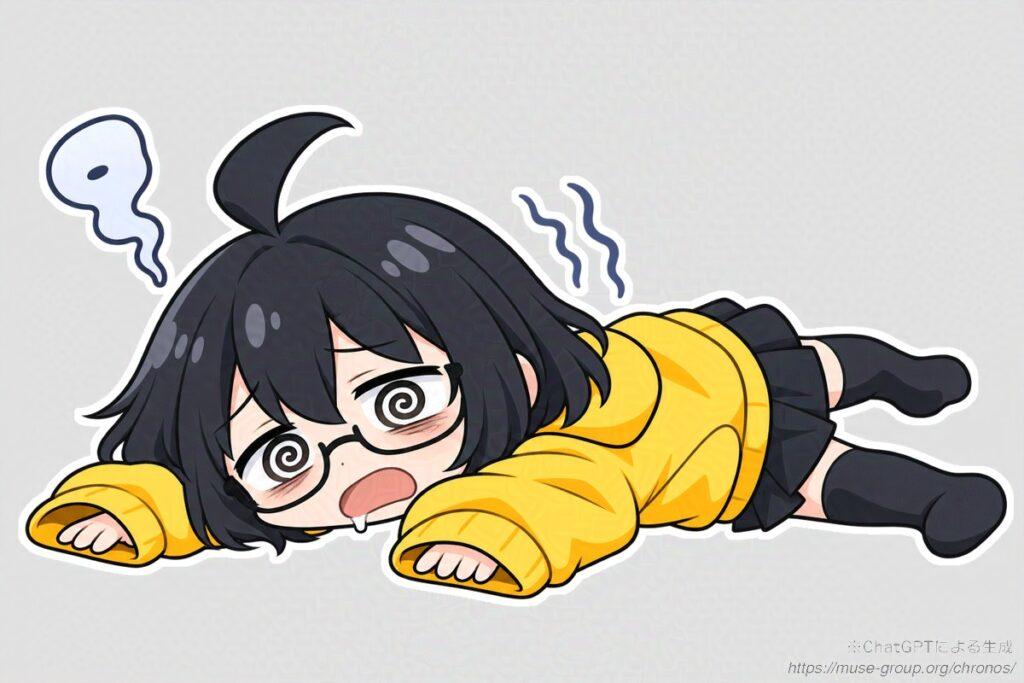 ※ChatGPTによる生成
<生成プロンプト>
このキャラクターの単体イラストを、シチュエーションを変えて描きます。手にしているアプリアイコンは消します。
キャラクターが疲弊しきった様子で床に倒れ込んでいるポーズ。こちらにぐったりとした表情を向けて、放心しきっている、脱力した寝姿です。漫画的な表現(漫符など)を追加しても構いませんが、文字は入れないでください。
キャラクターの全身が収まるようにし、床と床面の影・背景は描かず、透過にします。
画像 1:
1.(x: 40.3%、y: 53.3%)表情、シリアス寄りな感じなのでもう少しギャグ寄りに修正(グルグル瞳など)