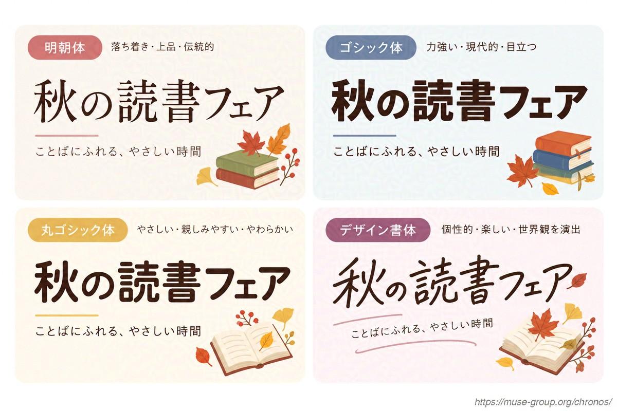 代表的な書体の比較図 ※ChatGPTによる生成
<プロンプト>
図版①:同じ「秋の読書フェア」という文字を、明朝体・ゴシック体・丸ゴシック体・デザイン書体で比較