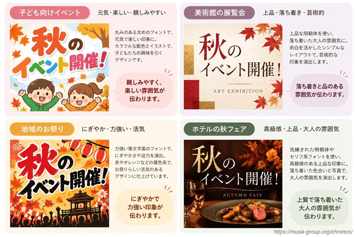 同じ「秋のイベント開催!」を、子ども向け・美術館・地域のお祭り・ホテル向けの4種類で比較。
ちなみに「セリフ系」は「明朝体」とほぼ同義だと思って下さい。
※ChatGPTによる生成
<生成プロンプト>
図版②:同じ「秋のイベント開催!」を、子ども向け・美術館・地域のお祭り・ホテル向けの4種類で比較