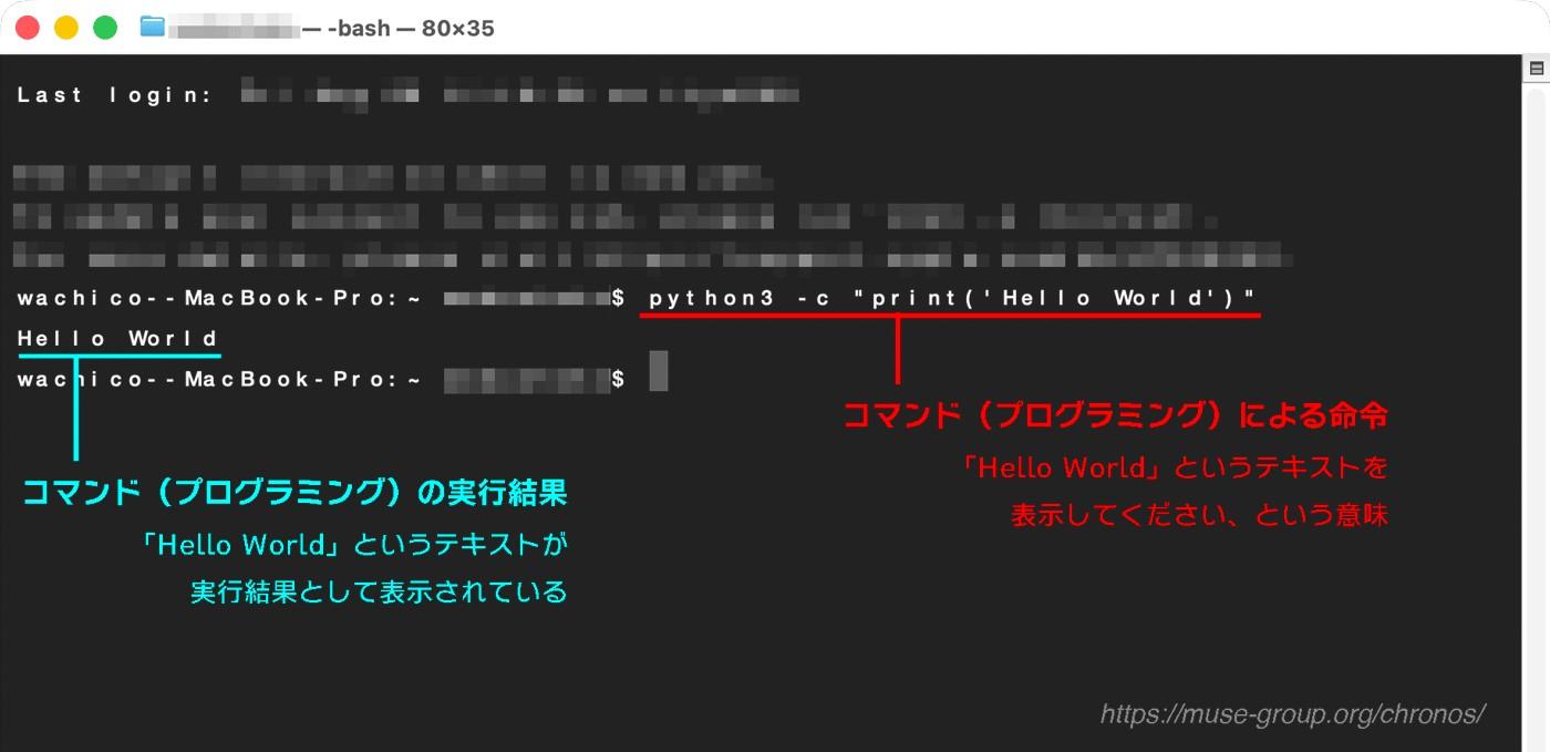 「Python(パイソン)」というプログラミング言語を使ったコマンド実行例。
画面上に「Hello World」とテキストを表示させるだけの、シンプルなコマンドです。